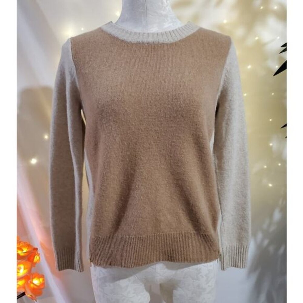 J. Crew Womens Double Zip 100% Wool Neutral Tan Colorblock Knit Sweater Size S